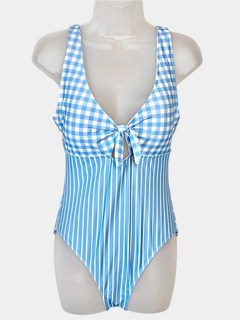 J. CREW Blue Gingham & Stripe One-Piece Swimsuit Size M Cutout Tie Front
